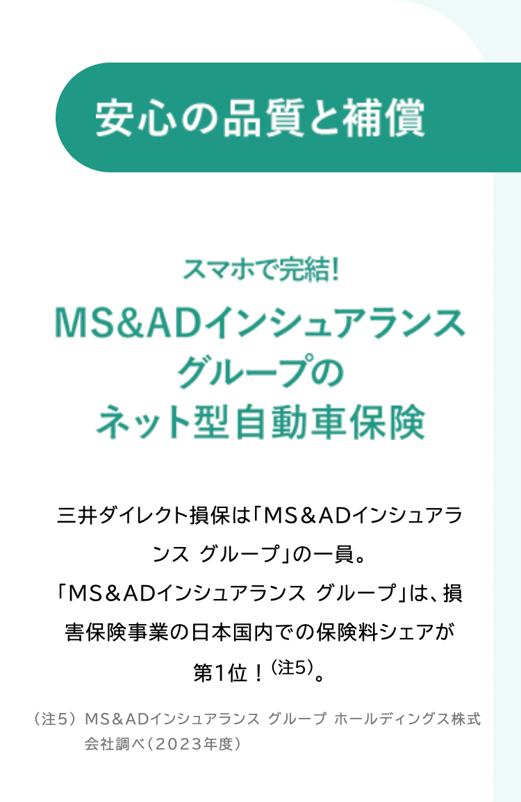 安心の品質と補償
スマホで完結!
MS&ADインシュアランス
グループの
ネット型自動車保険
三井ダイレクト損保は「MS&ADインシュアラ
ンスグループ」の一員。
「MS&ADインシュアランスグループ」は、損
害保険事業の日本国内での保険料シェアが
第1位!(注5)。
(注5) MS&ADインシュアランス グループホールディングス株式
会社調べ (2023年度)