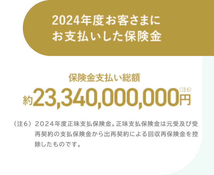 2024年度お客さまに
お支払いした保険金
保険金支払い総額
(注6)
*23,340,000,000
(注6) 2024年度正味支払保険金。 正味支払保険金は元受及び受
再契約の支払保険金から出再契約による回収再保険金を控
除したものです。
