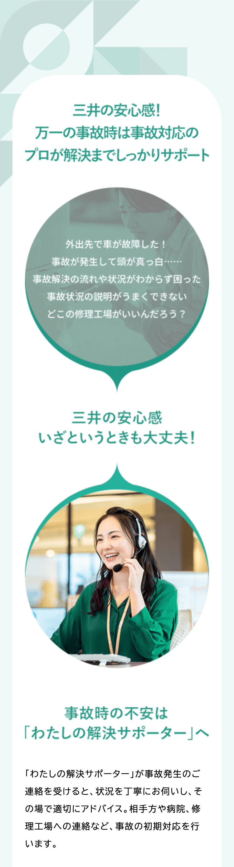 三井の安心感!
万一の事故時は事故対応の
プロが解決までしっかりサポート
外出先で車が故障した!
事故が発生して頭が真っ白......
事故解決の流れや状況がわからず困った
事故状況の説明がうまくできない
どこの修理工場がいいんだろう?
三井の安心感
いざというときも大丈夫!
事故時の不安は
「わたしの解決サポーター」 へ
「わたしの解決サポーター」が事故発生のご
連絡を受けると、状況を丁寧にお伺いし、そ
の場で適切にアドバイス。相手方や病院、修
理工場への連絡など、事故の初期対応を行
います。