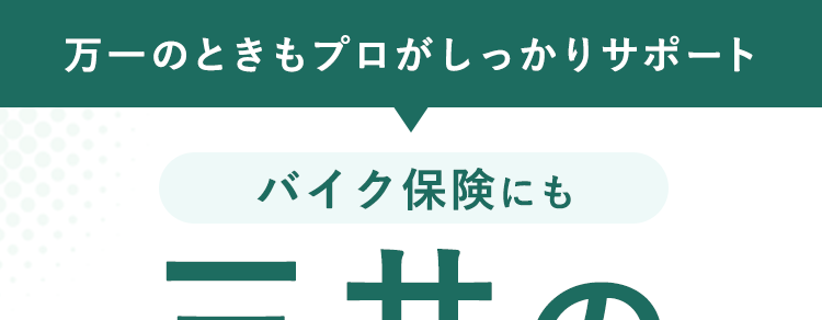 万一のときもプロがしっかりサポート
バイク保険にも
三井の
安心感
事故対応
満足度
94.2%
24時間
365日
事故受付
(注1)2024年4月
結果:「ㄥㄘ
52025年3月の当社事故対応廿一又二関寸书客了ク一下
ㄟˋ元[忒満足」「満足」在「満足」 集計(回答数:8,038件当社調~)