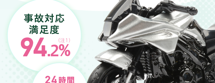 万一のときもプロがしっかりサポート
バイク保険にも
三井の
安心感
事故対応
満足度
94.2%
24時間
365日
事故受付
(注1)2024年4月
結果:「ㄥㄘ
52025年3月の当社事故対応廿一又二関寸书客了ク一下
ㄟˋ元[忒満足」「満足」在「満足」 集計(回答数:8,038件当社調~)