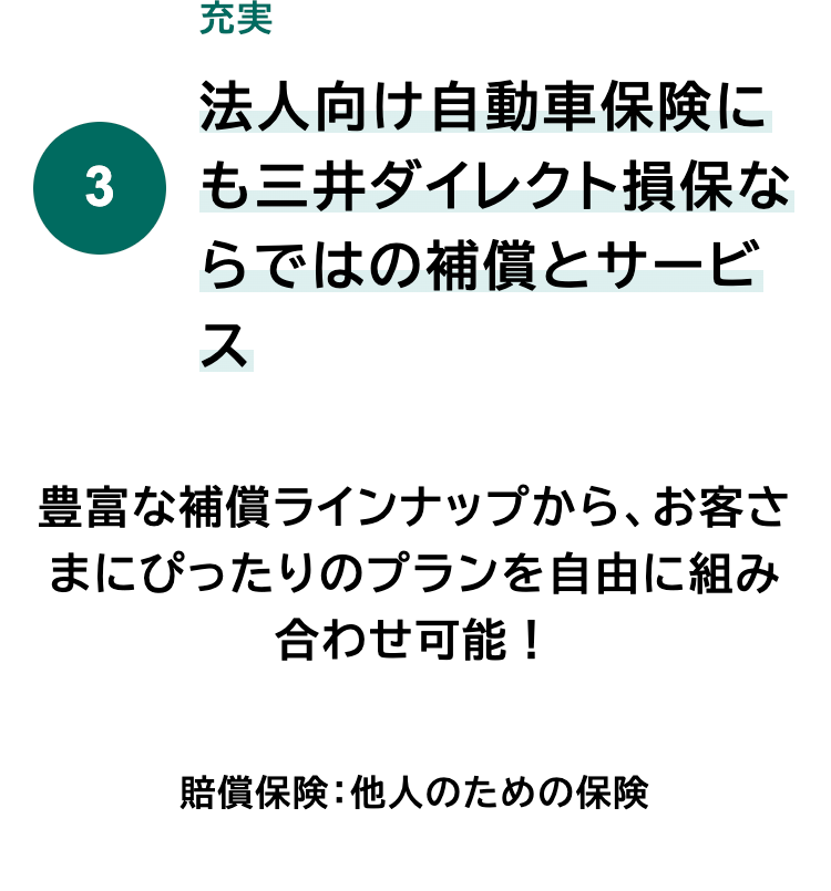 充実
法人向け自動車保険に
3 も三井ダイレクト損保な
らではの補償とサービ
ス
豊富な補償ラインナップから、 お客さ
まにぴったりのプランを自由に組み
合わせ可能!
賠償保険: 他人のための保険