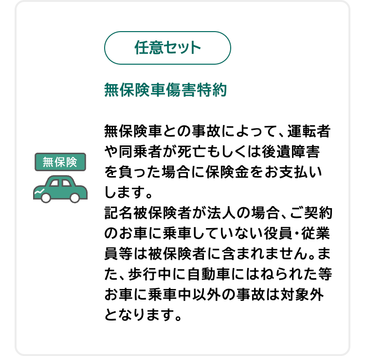 無保険
任意セット
無保険車傷害特約
無保険車との事故によって、 運転者
や同乗者が死亡もしくは後遺障害
を負った場合に保険金をお支払い
します。
記名被保険者が法人の場合、 ご契約
のお車に乗車していない役員・従業
員等は被保険者に含まれません。ま
た、歩行中に自動車にはねられた等
お車に乗車中以外の事故は対象外
となります。