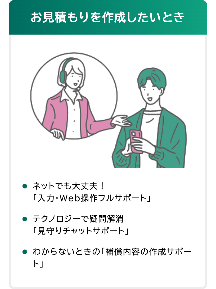お見積もりを作成したいとき
● ネットでも大丈夫!
「入力・Web操作フルサポート」
テクノロジーで疑問解消
「見守りチャットサポート」
わからないときの「補償内容の作成サポー
ト」